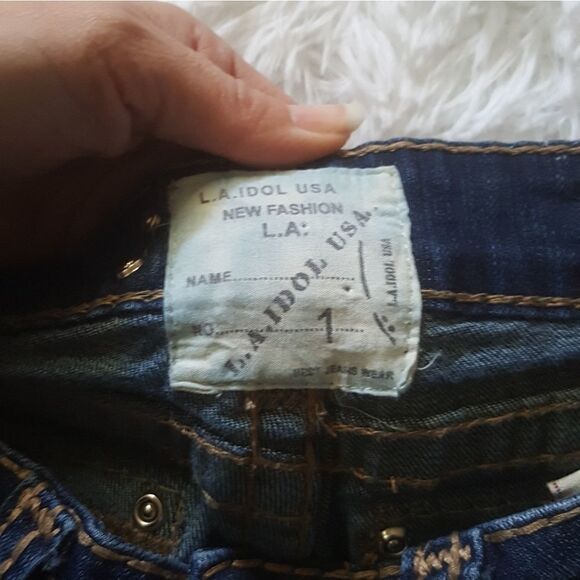 LA Idol embellished Jeweled distressed Stretchy Dark Wash Jeans Women’s Size 1 - Picture 13 of 15